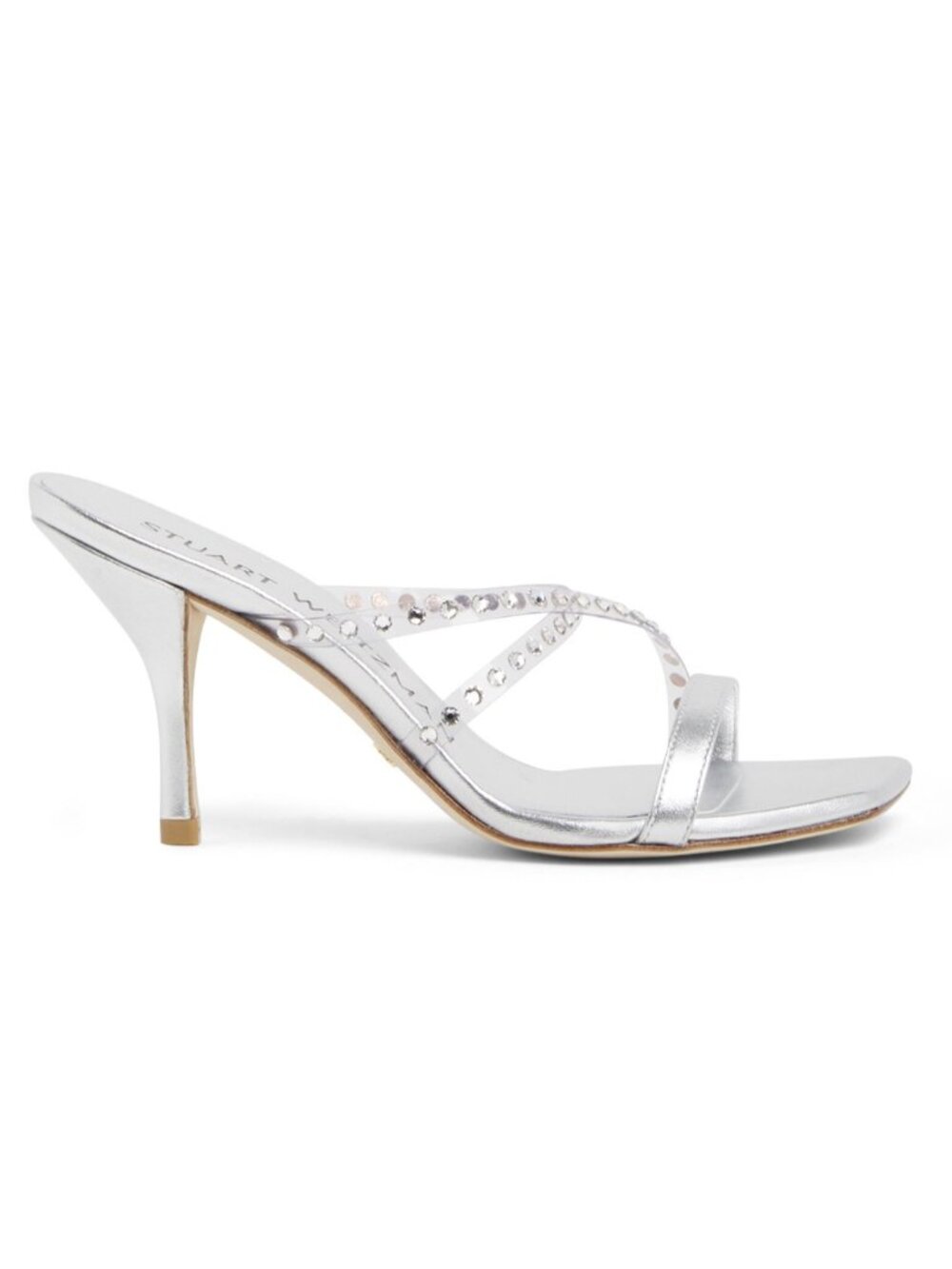 $600 STUART WEITZMAN STRAPEZE SCRYSTAL 85 SLIDE HEELS LEATHER SILVER 8.5 (DD19)